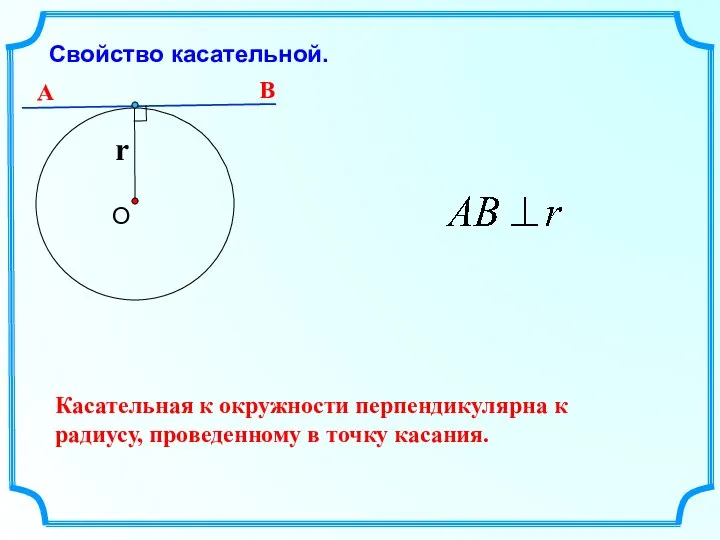 Свойство касательной. Касательная к окружности перпендикулярна к радиусу, проведенному в точку касания. А В