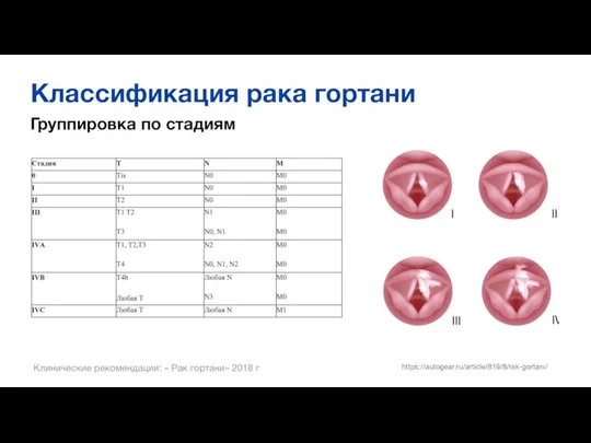 Классификация рака гортани Группировка по стадиям Клинические рекомендации: « Рак гортани» 2018 г https://autogear.ru/article/819/8/rak-gortani/