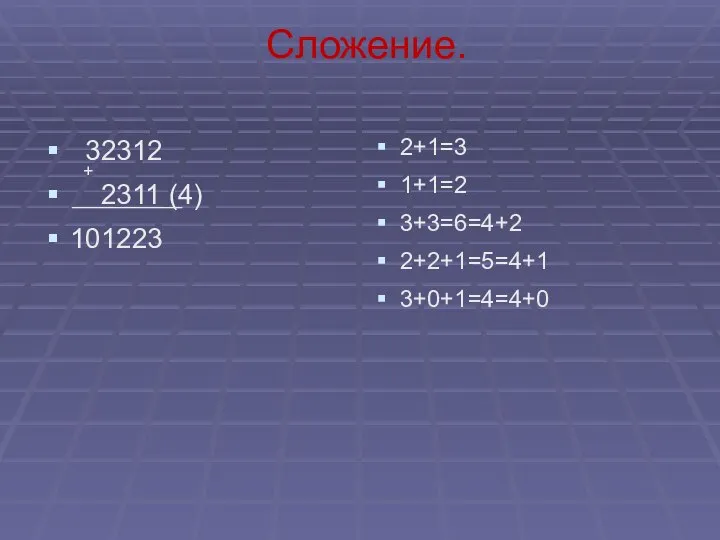 Сложение. 32312 2311 (4) 101223 2+1=3 1+1=2 3+3=6=4+2 2+2+1=5=4+1 3+0+1=4=4+0 + ___________