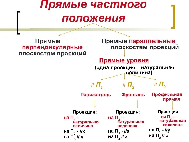 Прямые частного положения Прямые перпендикулярные плоскостям проекций Прямые параллельные плоскостям проекций Прямые