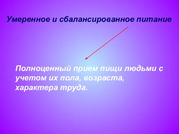 Умеренное и сбалансированное питание Полноценный прием пищи людьми с учетом их пола, возраста, характера труда.