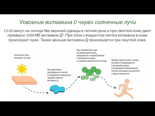 Усвоение витамина D через солнечные лучи 15-20 минут на солнце без верхней