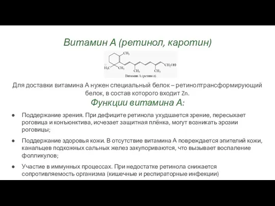 Витамин А (ретинол, каротин) Для доставки витамина А нужен специальный белок –