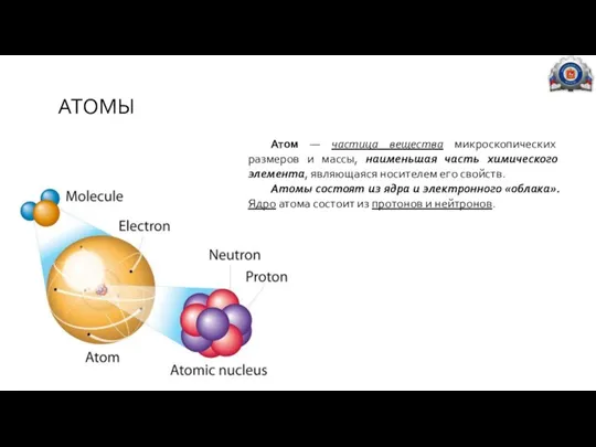 АТОМЫ Атом — частица вещества микроскопических размеров и массы, наименьшая часть химического