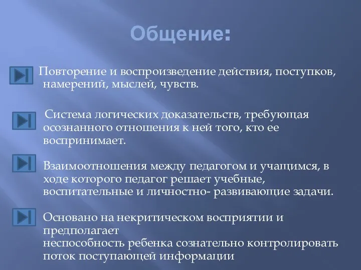 Общение: Повторение и воспроизведение действия, поступков, намерений, мыслей, чувств. Система логических доказательств,