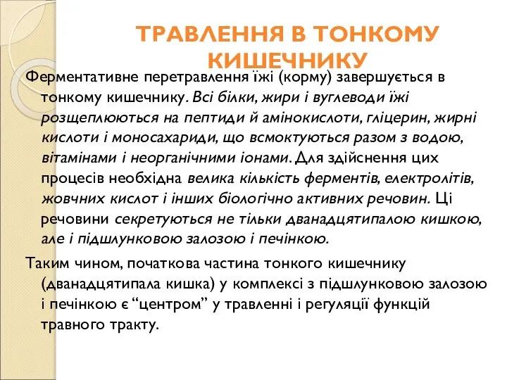 ТРАВЛЕННЯ В ТОНКОМУ КИШЕЧНИКУ Ферментативне перетравлення їжі (корму) завершується в тонкому кишечнику.