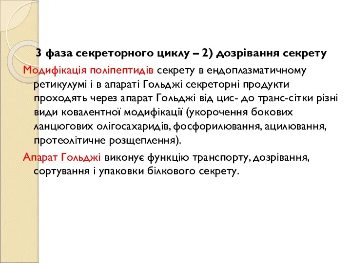 3 фаза секреторного циклу – 2) дозрівання секрету Модифікація поліпептидів секрету в