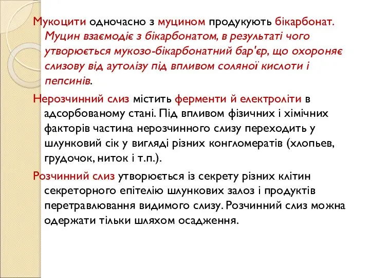 Мукоцити одночасно з муцином продукують бікарбонат. Муцин взаємодіє з бікарбонатом, в результаті