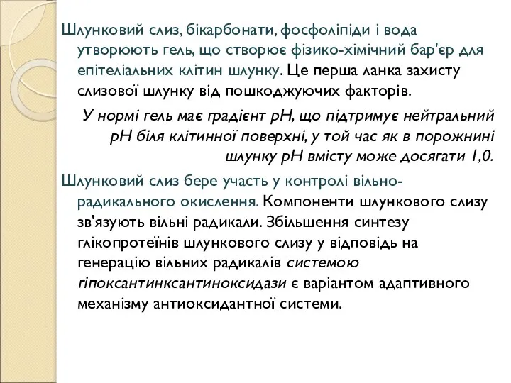 Шлунковий слиз, бікарбонати, фосфоліпіди і вода утворюють гель, що створює фізико-хімічний бар'єр