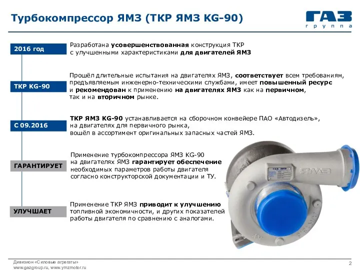 Турбокомпрессор ЯМЗ (ТКР ЯМЗ KG-90) Дивизион «Силовые агрегаты» www.gazgroup.ru, www.ymzmotor.ru Применение ТКР