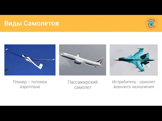 Виды Самолетов Планер – потомок аэроплана Пассажирский самолет Истребитель - самолет военного назначения