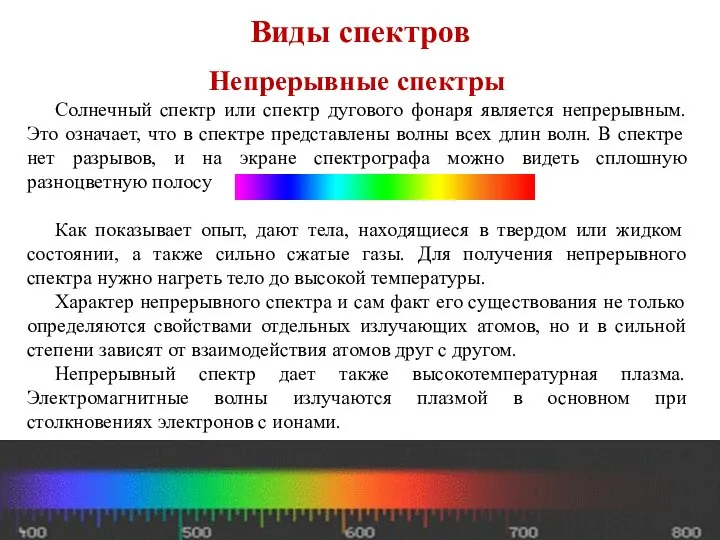 Виды спектров Непрерывные спектры Солнечный спектр или спектр дугового фонаря является непрерывным.