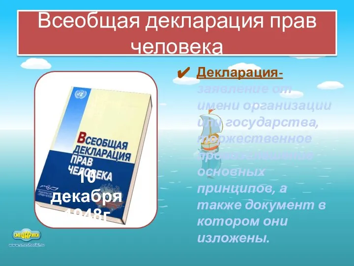 Всеобщая декларация прав человека Декларация- заявление от имени организации или государства, торжественное