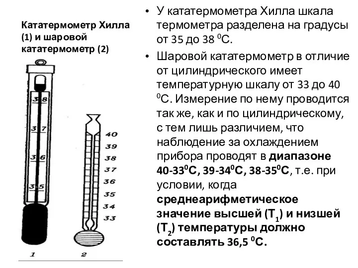 Кататермометр Хилла (1) и шаровой кататермометр (2) У кататермометра Хилла шкала термометра