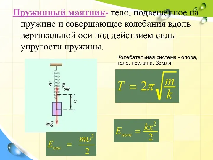 Пружинный маятник- тело, подвешенное на пружине и совершающее колебания вдоль вертикальной оси