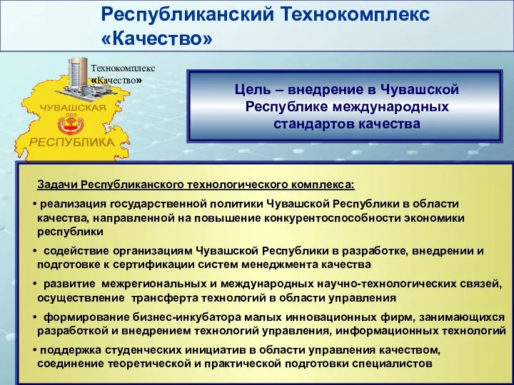 Республиканский Технокомплекс «Качество» Цель – внедрение в Чувашской Республике международных стандартов качества