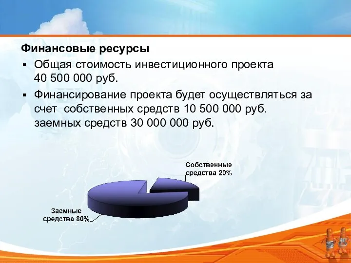 Финансовые ресурсы Общая стоимость инвестиционного проекта 40 500 000 руб. Финансирование проекта