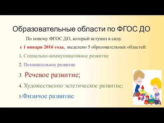 Образовательные области по ФГОС ДО По новому ФГОС ДО, который вступил в