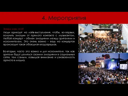 4. Мероприятия Зачем нам это? Люди приходят на лайв-выступления, чтобы, во-первых, получить