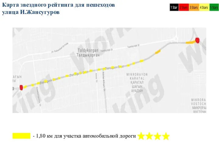 Карта звездного рейтинга для пешеходов улица И.Жансугуров - 1,80 км для участка автомобильной дороги
