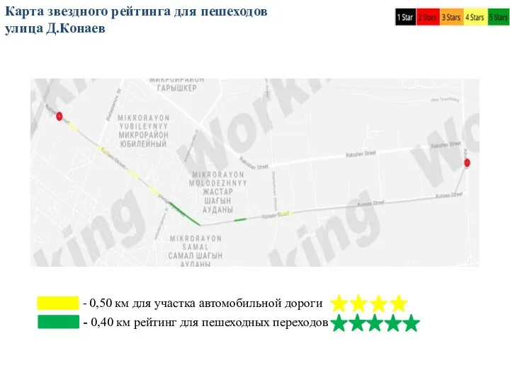 Карта звездного рейтинга для пешеходов улица Д.Конаев - 0,50 км для участка