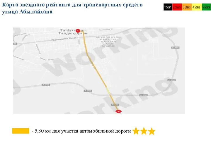Карта звездного рейтинга для транспортных средств улица Абылайхана - 5,80 км для участка автомобильной дороги