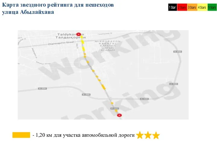 Карта звездного рейтинга для пешеходов улица Абылайхана - 1,20 км для участка автомобильной дороги