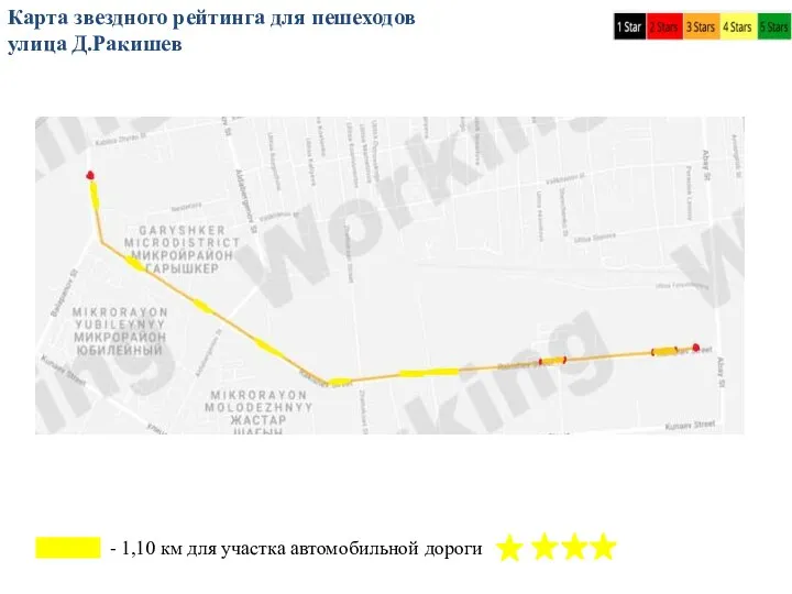 Карта звездного рейтинга для пешеходов улица Д.Ракишев - 1,10 км для участка автомобильной дороги
