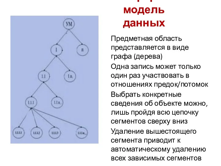 Иерархическая модель данных Предметная область представляется в виде графа (дерева) Одна запись