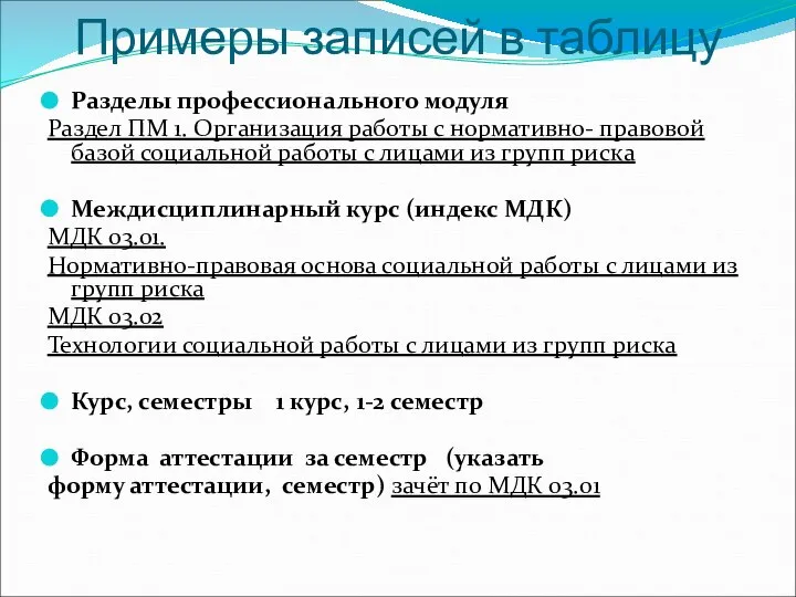 Примеры записей в таблицу Разделы профессионального модуля Раздел ПМ 1. Организация работы