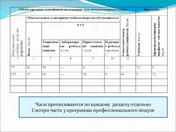 Часы прописываются по каждому разделу отдельно Смотри часть 3 программы профессионального модуля