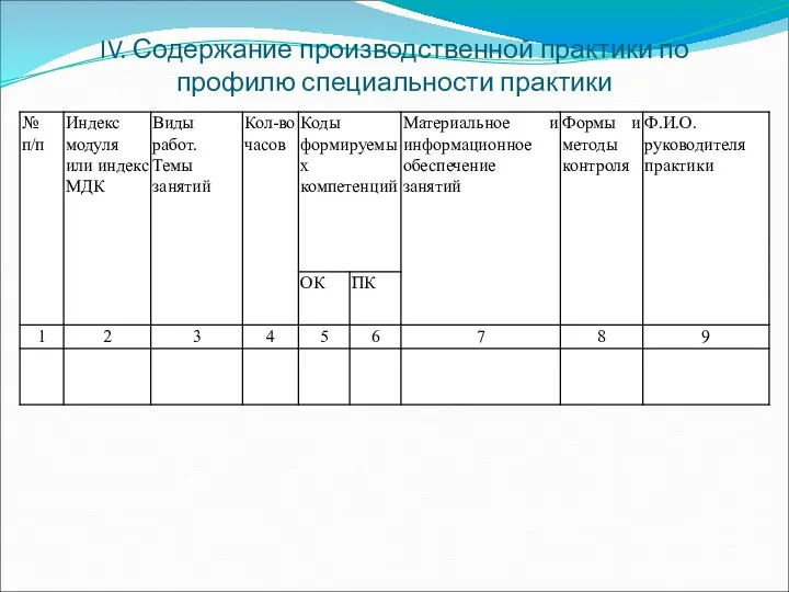 IV. Содержание производственной практики по профилю специальности практики