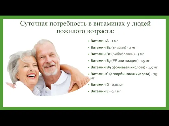 Суточная потребность в витаминах у людей пожилого возраста: Витамин А - 1
