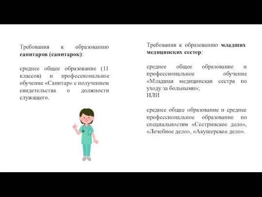 Требования к образованию санитаров (санитарок): среднее общее образование (11 классов) и профессиональное