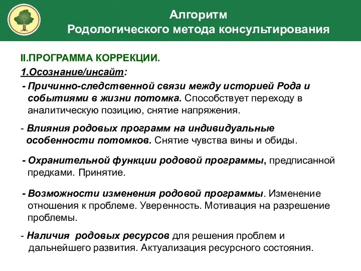 II.ПРОГРАММА КОРРЕКЦИИ. 1.Осознание/инсайт: Причинно-следственной связи между историей Рода и событиями в жизни