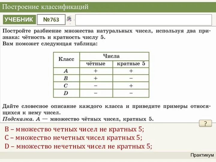 Построение классификаций Практикум ? В – множество четных чисел не кратных 5;