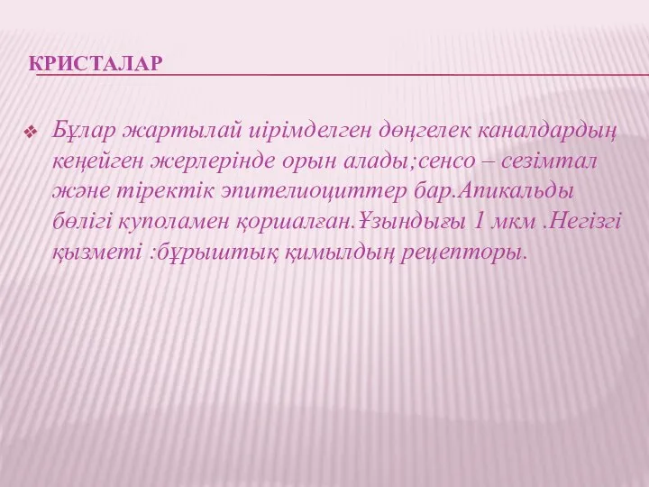 КРИСТАЛАР Бұлар жартылай иірімделген дөңгелек каналдардың кеңейген жерлерінде орын алады;сенсо – сезімтал