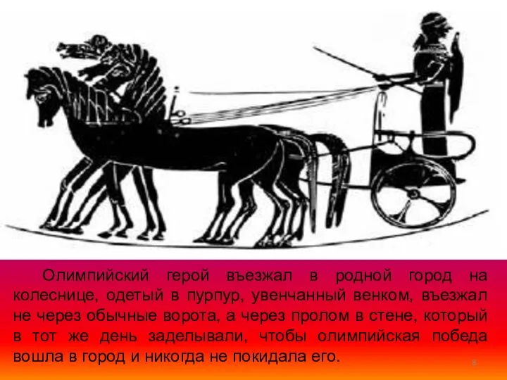 Олимпийский герой въезжал в родной город на колеснице, одетый в пурпур, увенчанный