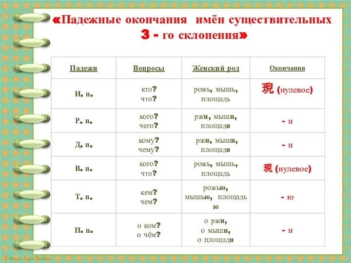 «Падежные окончания имён существительных 3 - го склонения»