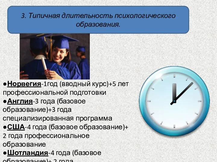 3. Типичная длительность психологического образования. ●Норвегия-1год (вводный курс)+5 лет профессиональной подготовки ●Англия-3