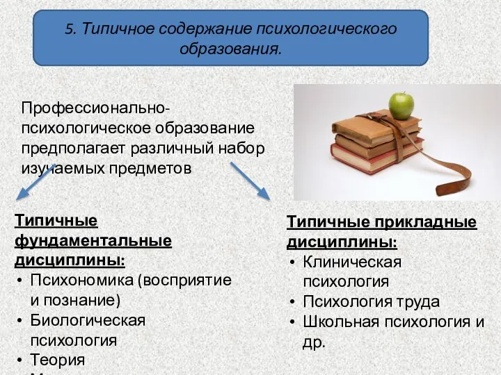 5. Типичное содержание психологического образования. Профессионально-психологическое образование предполагает различный набор изучаемых предметов