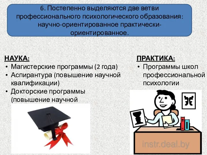 6. Постепенно выделяются две ветви профессионального психологического образования: научно-ориентированное практически-ориентированное. НАУКА: Магистерские