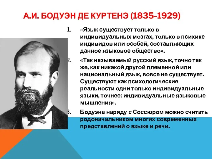 А.И. БОДУЭН ДЕ КУРТЕНЭ (1835-1929) «Язык существует только в индивидуальных мозгах, только