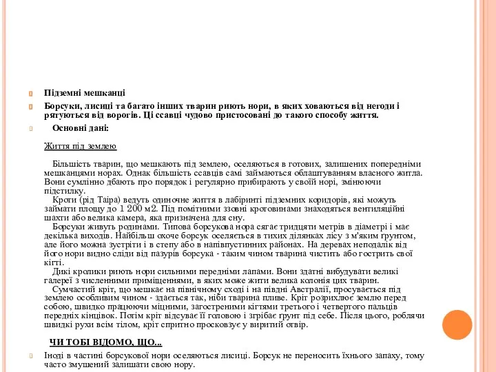 Підземні мешканці Борсуки, лисиці та багато інших тварин риють нори, в яких