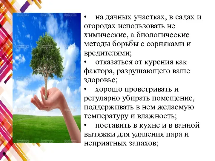 • на дачных участках, в садах и огородах использовать не химические, а