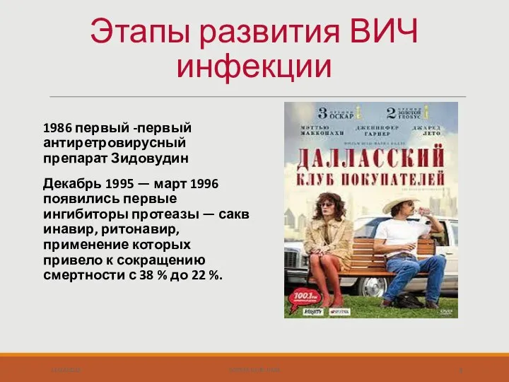 1986 первый -первый антиретровирусный препарат Зидовудин Декабрь 1995 — март 1996 появились