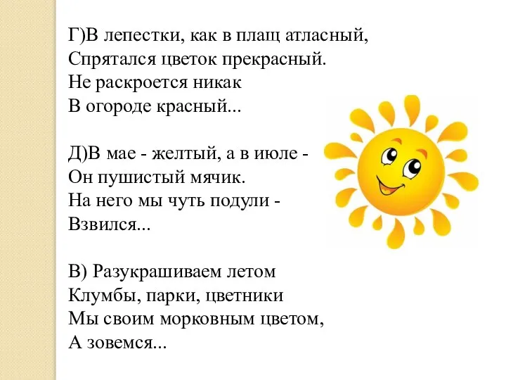 Г)В лепестки, как в плащ атласный, Спрятался цветок прекрасный. Не раскроется никак