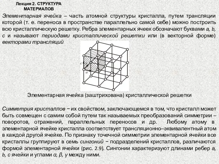 Лекция 2. СТРУКТУРА МАТЕРИАЛОВ Элементарная ячейка – часть атомной структуры кристалла, путем