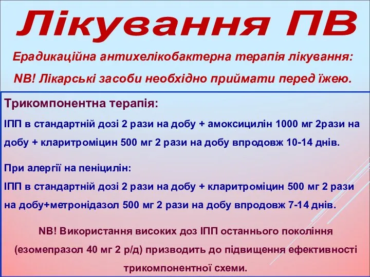 Лікування ПВ Трикомпонентна терапія: ІПП в стандартній дозі 2 рази на добу