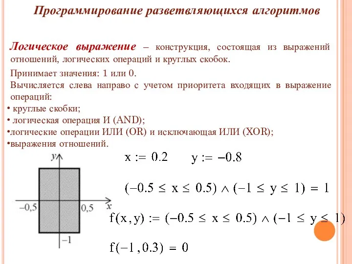 Программирование разветвляющихся алгоритмов Логическое выражение – конструкция, состоящая из выражений отношений, логических